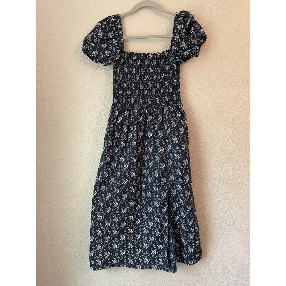 J. Crew Navy Puff Sleeve Midi Dress with White Paisley Motif
